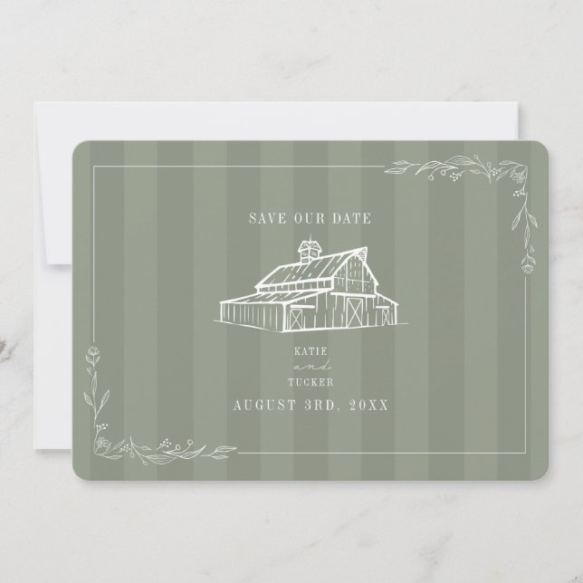 Rustikale Scheunenhochzeit Sagegrüner Streifen Save The Date (Vorderseite)