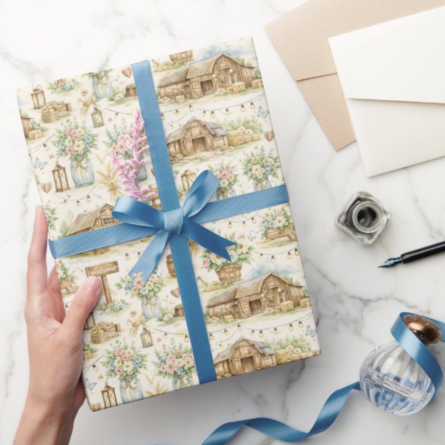 Rustikale Scheunenhochzeit Wasserfarbenmuster Geschenkpapier (Schenken)