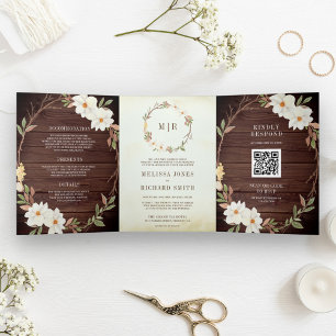 Rustikale Scheunenholz-Magnolie-Blumen-QR-Code-Hoc Dreifach Gefaltete Einladung