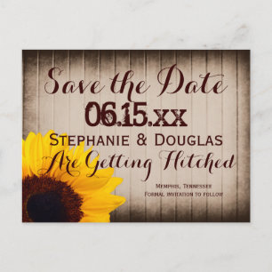 Rustikale Scheunenholz-Sonnenblumen-Save-the-Date- Ankündigungspostkarte