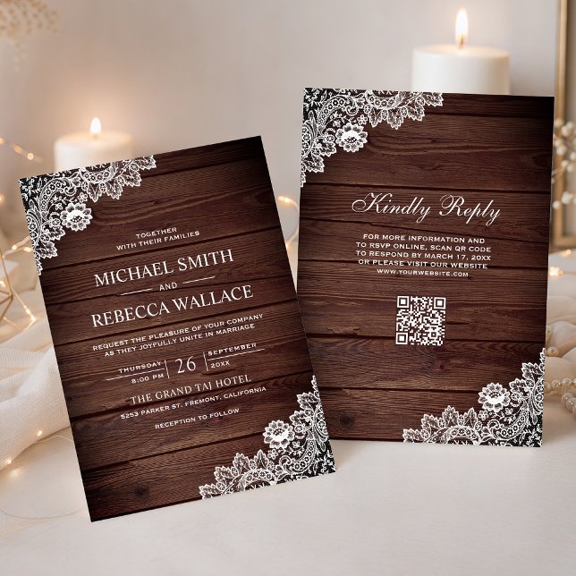Rustikale Scheunenholz-Spitze QR-Code-Hochzeit Einladung (Von Creator hochgeladen)