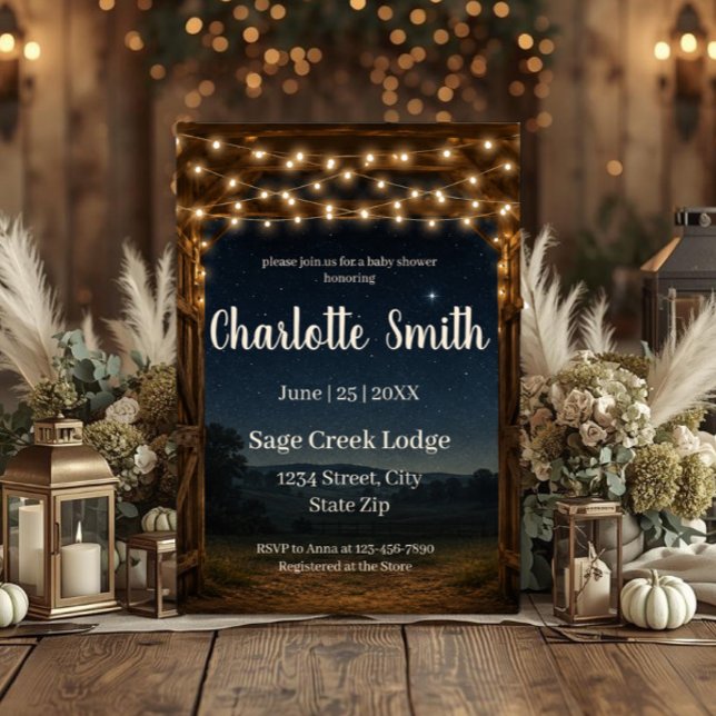Rustikale Scheunenlichter Baby Shower Einladung (Rustic barn baby shower invitation with string lights, starry sky, farmhouse charm & custom details.)