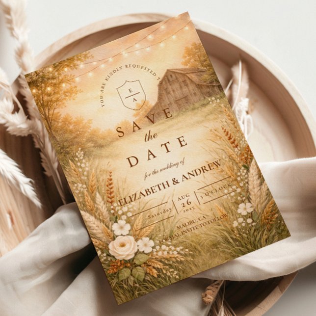 Rustikale Scheunenwiese-Lichterkette Hochzeit Save The Date (Von Creator hochgeladen)