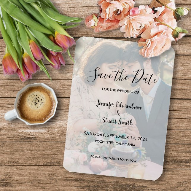 Rustikale, schlichte Hochzeit des Fotos Save the D Magnet (Rustic elegant calligraphy photo wedding Save the Date, flexible magnetic card.)