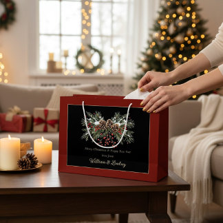 Rustikale schneebedeckte Tannenzapfen-Weihnachtsge Große Geschenktüte