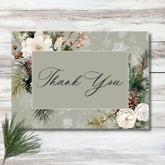 Rustikale Schneefall Pine & White Floral Sage Hoch Dankeskarte (Rustic Snowfall Pine & White Floral Sage Wedding Thank You Card)