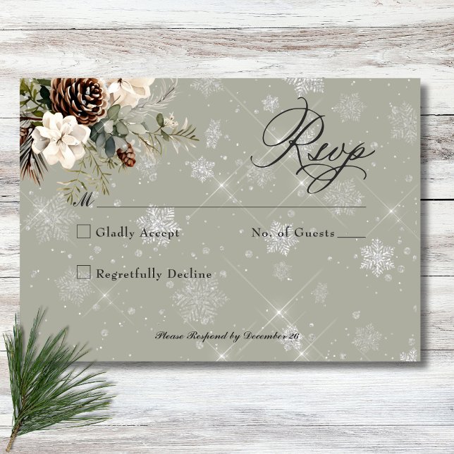 Rustikale Schneefall Pine & White Floral Sage Hoch RSVP Karte (Rustic Snowfall Pine & White Floral Sage Wedding RSVP Card)