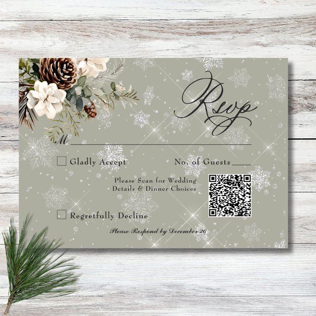 Rustikale Schneefall Pine & White Floral Sage Hoch RSVP Karte (Rustic Snowfall Pine & White Floral Sage Wedding RSVP Card)