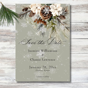 Rustikale Schneefall Pine & White Floral Sage Hoch Save The Date