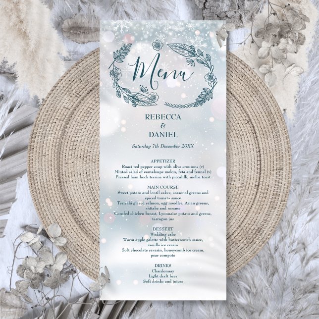 Rustikale Schneeflocken Winterhochzeit Menükarte (Rustic Floral Snowflakes Winter Wedding Menu)