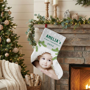 Rustikale Schneeflockenkiefer Baby`s erstes Weihna Großer Weihnachtsstrumpf