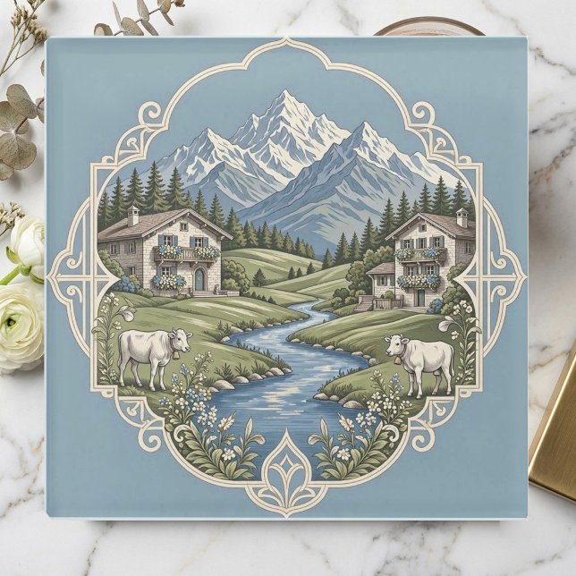 Rustikale Schneelandschaft Alpen Blockhütte Weiden Glasuntersetzer (Rustic Snow Alpine Log Cabin Grazing Cows Meadows Glass Coaster)
