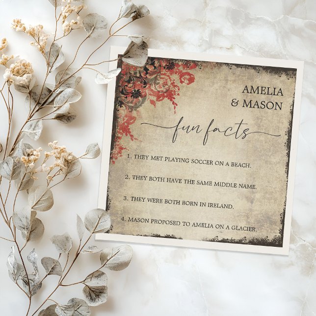 Rustikale Schrift rote Blumen Hochzeitsfakten  Serviette (Rustic Script Red Floral Fun Facts Wedding Napkins)
