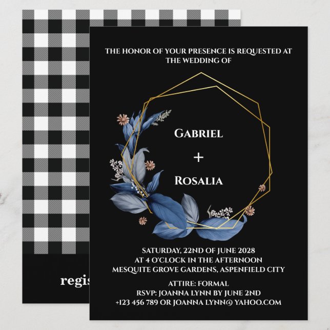 Rustikale Schwarz-Dusty Blue Hochzeitseinladungen (Vorne/Hinten)