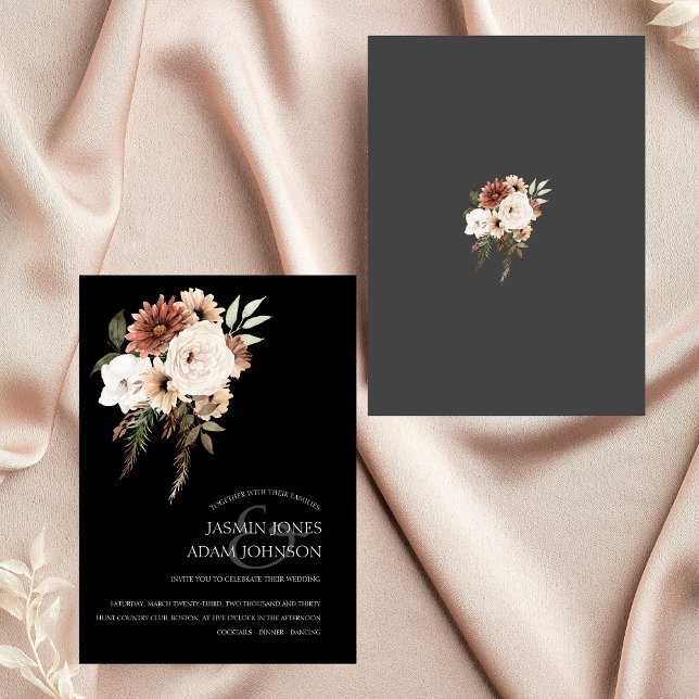 Rustikale Schwarz-Pfirsich-Flora-Hochzeit Einladun Einladung (Rustic Black and Peach Floral Wedding Invitation)