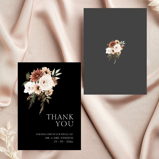 Rustikale Schwarz-Pfirsich-Flora-Hochzeit Vielen D Dankeskarte (Rustic Black and Peach Floral Wedding Thank You)