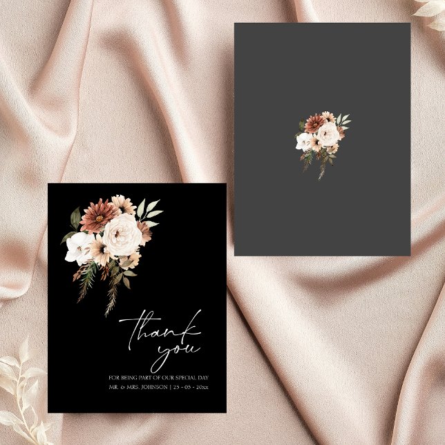 Rustikale Schwarz-Pfirsich-Flora-Hochzeit Vielen D Dankeskarte (Rustic Black and Peach Floral Wedding Thank You)