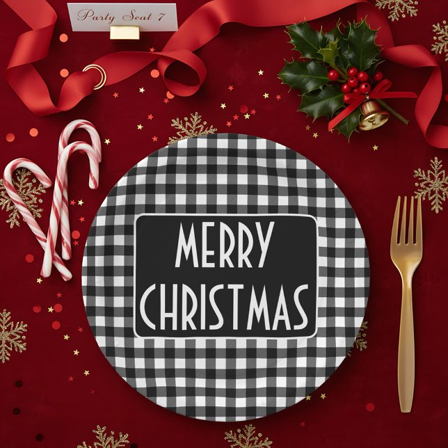 Rustikale Schwarz-Weiß-Büffel-Karo-Weihnachtsdekor Pappteller (Von Creator hochgeladen)