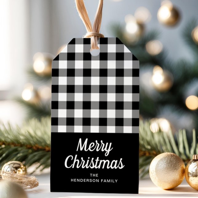 Rustikale Schwarz-weiße Karierte Skripte Frohe Wei Geschenkanhänger (Rustic Black White Plaid Script Merry Christmas Gift Tags)