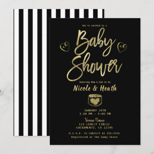 Rustikale schwarz-weiße Streifen & Gold Babyparty Einladung