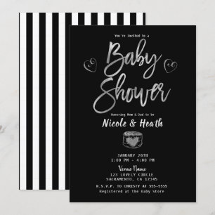 Rustikale schwarz-weiße Streifen & silberne Babypa Einladung