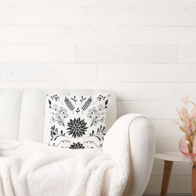Rustikale Schwarz-weiße Vintag Moderne, florale Kissen (Liege)