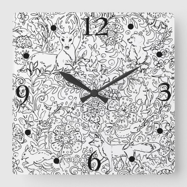 Rustikale Schwarz-weiße Waldtierfockenskizze Quadratische Wanduhr (Vorderseite)