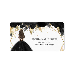 Rustikale Schwarze Gold-Blütenprinzessin Quinceane Adressaufkleber