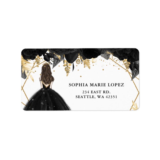 Rustikale Schwarze Gold-Blütenprinzessin Quinceane Adressaufkleber (Vorne)