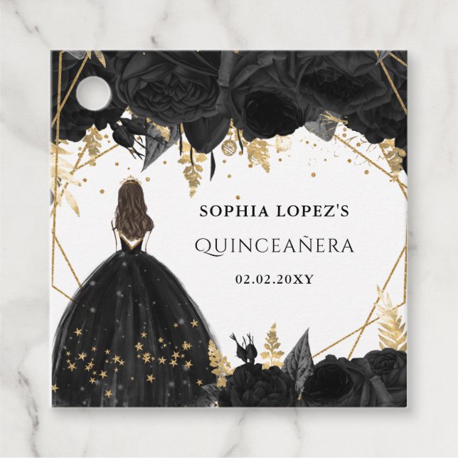 Rustikale Schwarze Gold-Blütenprinzessin Quinceane Geschenkanhänger (Vorderseite)