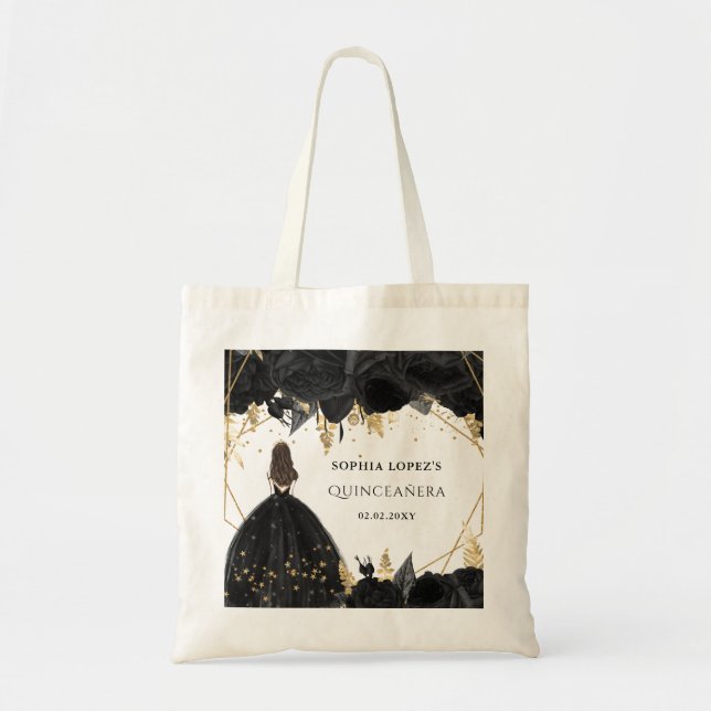 Rustikale Schwarze Gold-Blütenprinzessin Quinceane Tragetasche (Vorne)