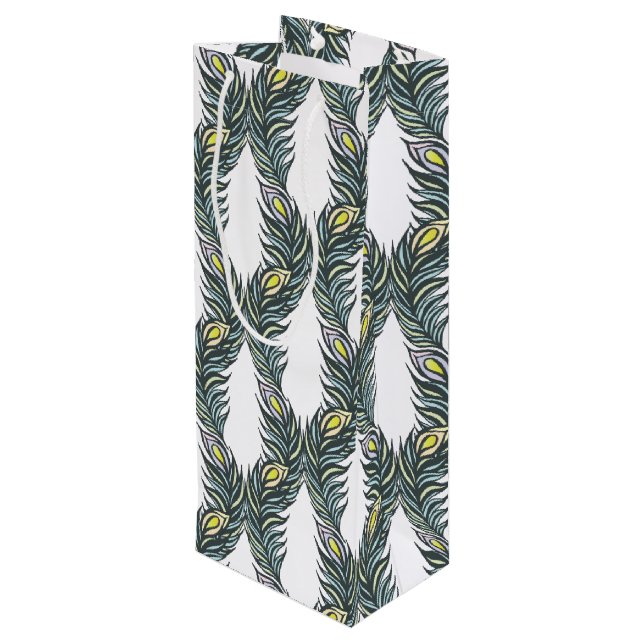 Rustikale schwarze, grüne und weiße Pfauenfedern Geschenktüte Für Weinflaschen (Rückseite Schrägansicht)