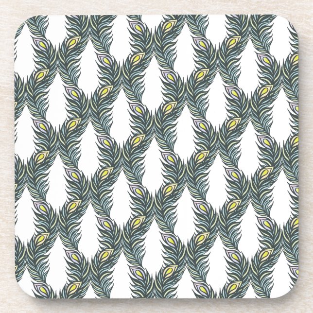 Rustikale schwarze, grüne und weiße Pfauenfedern Getränkeuntersetzer (Vorderseite)