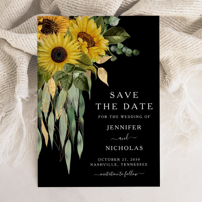 Rustikale schwarze Sonnenblumen Save The Date (Sunflower Eucalyptus Floral Black Wedding Save The Date)
