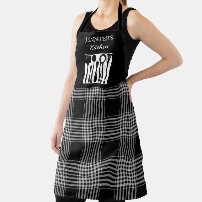 Rustikale schwarze weiße Karo-Monogramm-Name-Küche Schürze (InSitu)