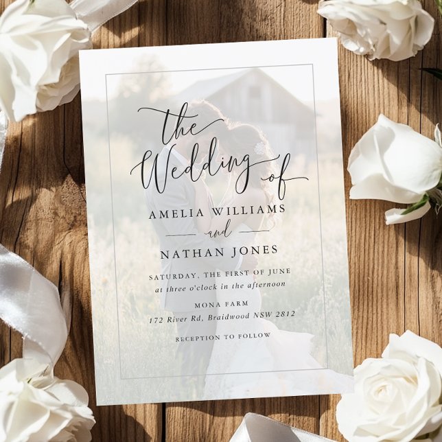 Rustikale Script Schwarz-weiße Foto Hochzeit Einladung (Von Creator hochgeladen)