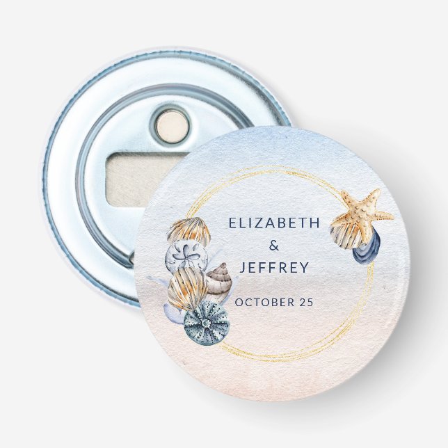 Rustikale Seashells Ocean Sea Summer Beach Hochzei Flaschenöffner (Vorderseite)