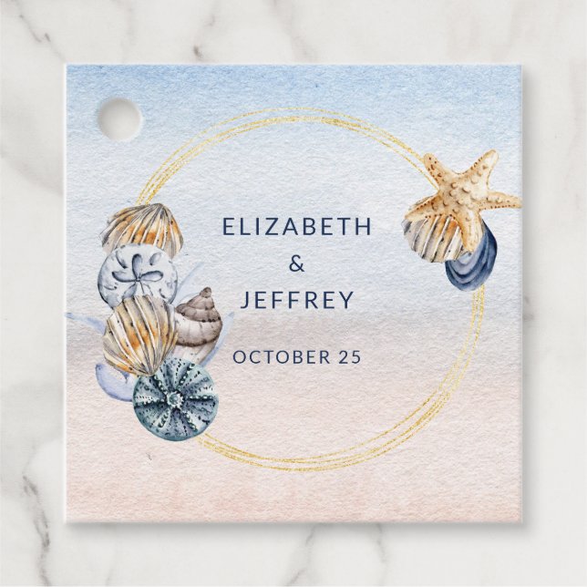 Rustikale Seashells Ocean Sea Summer Beach Hochzei Geschenkanhänger (Vorderseite)