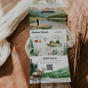 Rustikale Seenlandschaft Berg   Illustrierte Hochz Dreifach Gefaltete Einladung