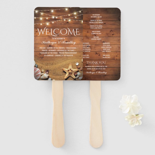 Rustikale Seesterne Strandlichter Hochzeitsprogram Fächer (Vorne und Hinten)