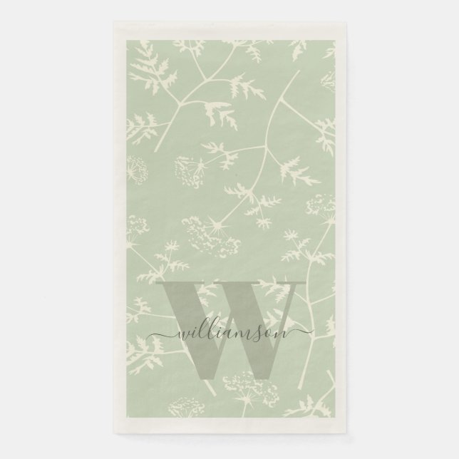 Rustikale Seite Grün botanische Flora Mit Monogram Serviette (Vorderseite)