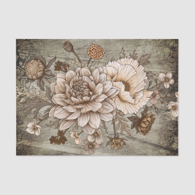 Rustikale Sepia Chrynsanthimum Floral Decoupage Seidenpapier (Vorderseite)