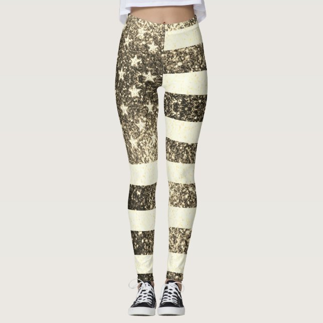 Rustikale Sepia goldfarbene Glitzern USA Flagge 4. Leggings (Vorderseite)