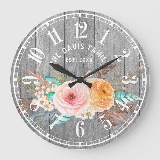 Rustikale Shabby-Blume - Großuhr Große Wanduhr (Vorderseite)
