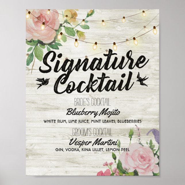 Rustikale Signature Cocktail Drink Menü Hochzeitsd Poster (Vorne)