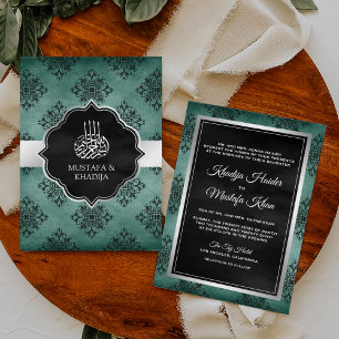 Rustikale Silber Teal Schwarze Damast Muslimische Einladung
