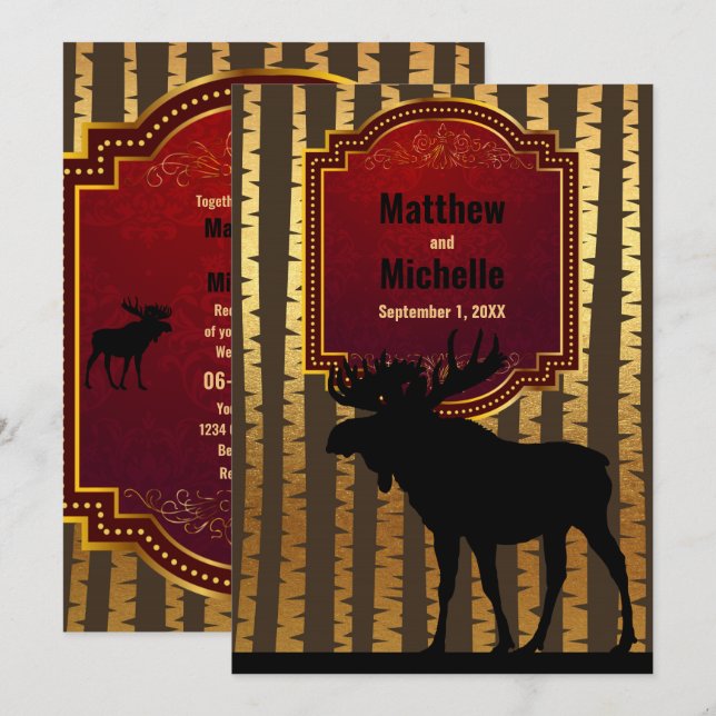 Rustikale Silhouette Elch, Goldgräber Hochzeit Einladung (Vorne/Hinten)