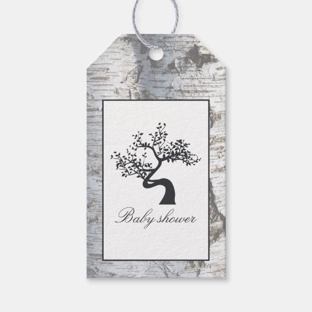 Rustikale Silver Birch Tree Babydusche Geschenkanhänger (Vorderseite)