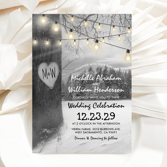 Rustikale Silver Winter Tree Twinkle Lights Weddin Einladung (Von Creator hochgeladen)
