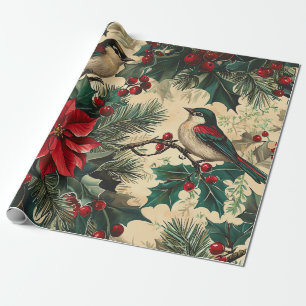 Rustikale Singvogel-Weihnachtsstern-Winter-Cream-B Geschenkpapier
